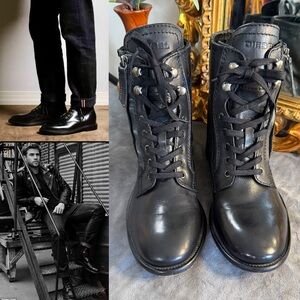 Diesel Black Leather Lace-Up Combat Boots with Side Zip